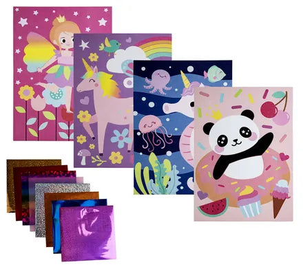 Khoki foil art kit with unicorn, fairy princess, underwater and panda designs and metallic foil sheets