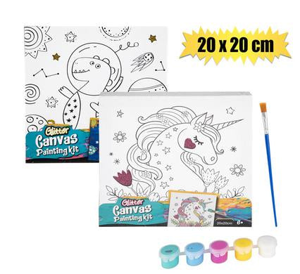 20 x 20cm glitter canvas painting sets in unicorn and dinosaur designs