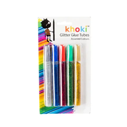 Khoki Glitter Glue Tubes five-pack in silver, blue, red, green and gold
